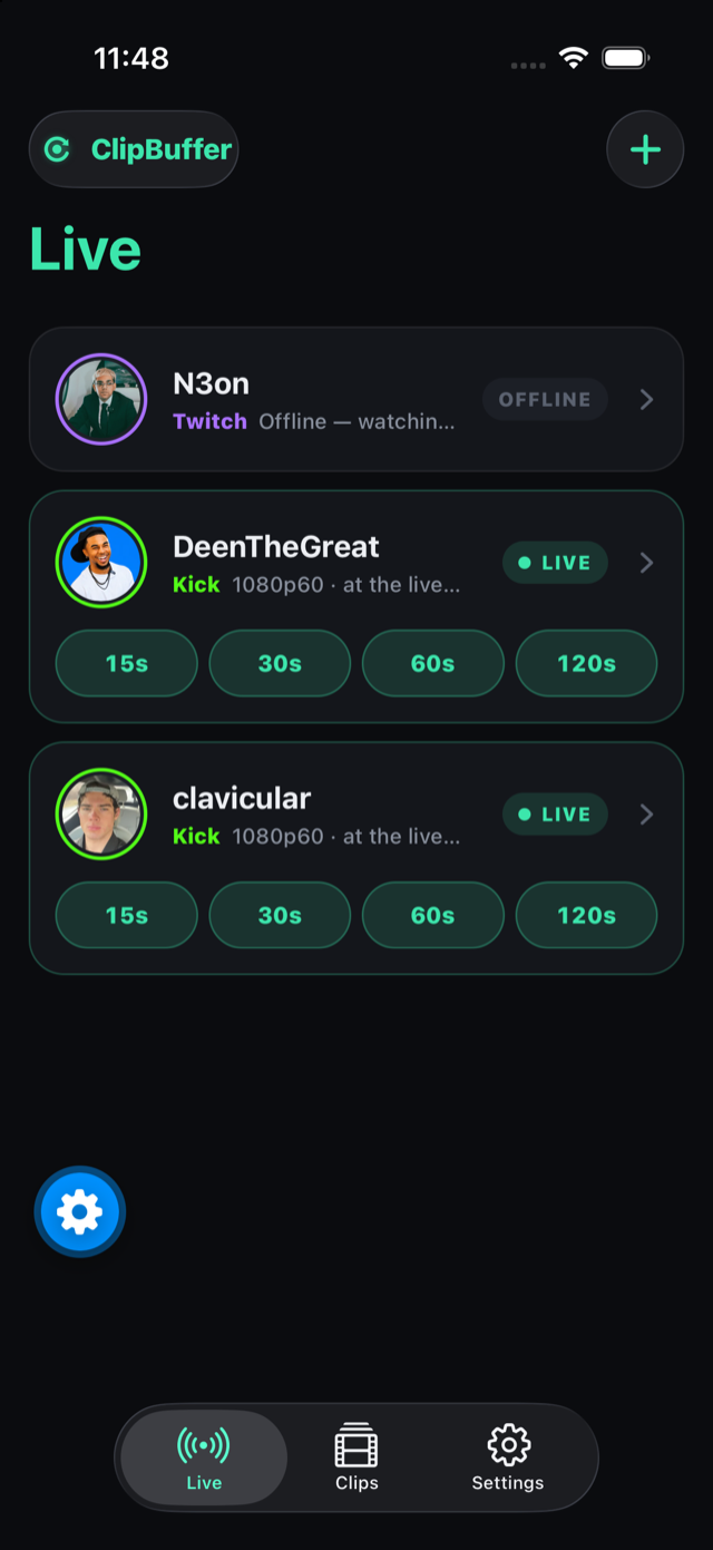 ClipBuffer on iPhone: the Live tab, with 15, 30, 60 and 120 second clip buttons on every live channel